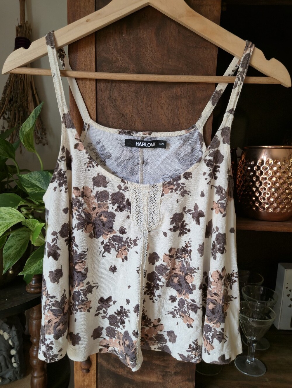 HARLOW Cream Wide Fit Flared Cami with Brown Pink Floral Print, xsmall